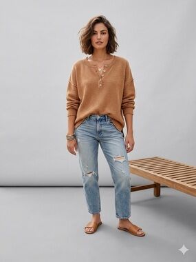 Free People Beach Camel Brown Waffle Knit Henley Top Slouchy Oversized Medium